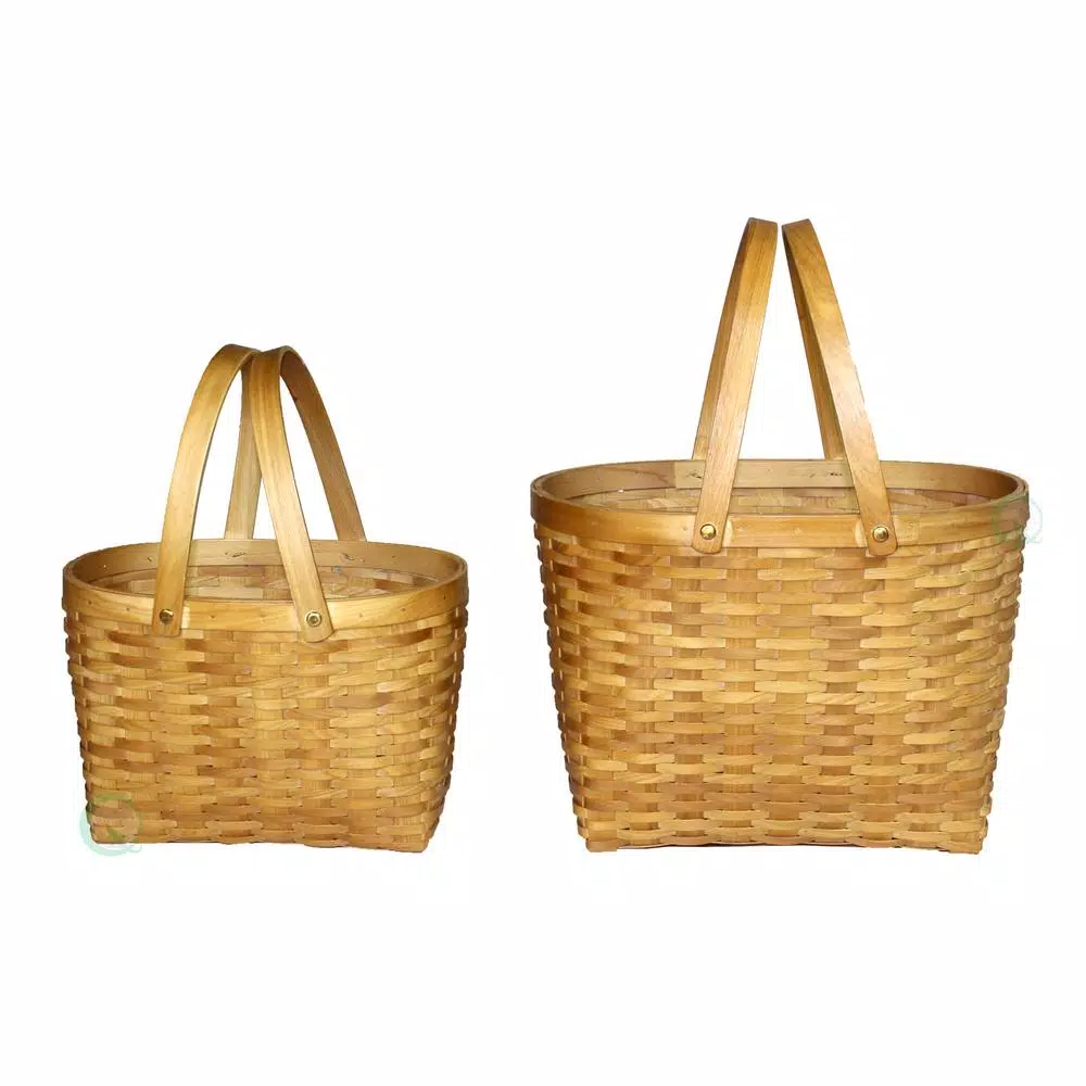 Vintiquewise Natural Woven Wood Chip Oval Shopping Baskets with Folding Handles, Set of 2