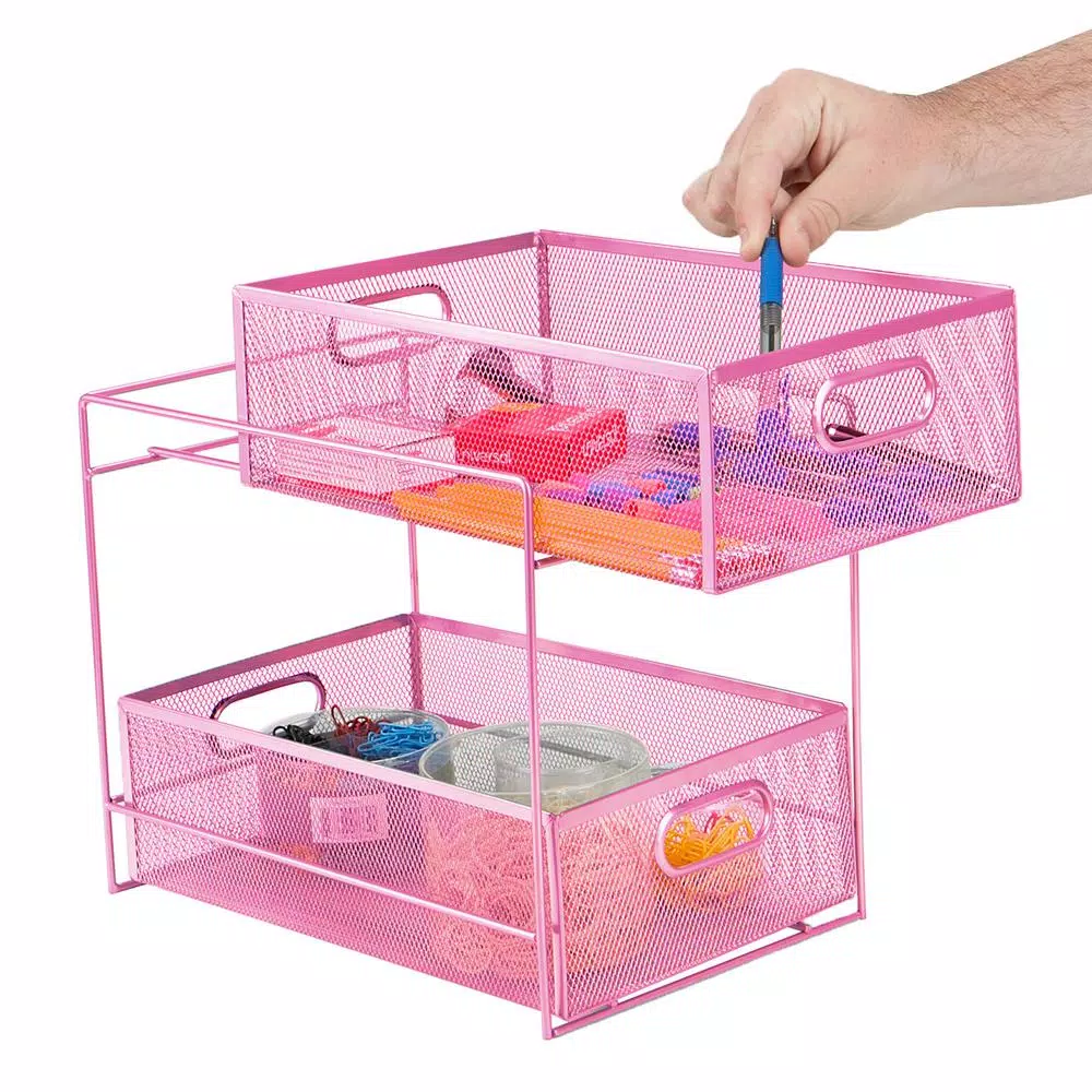 MIND READER 2-Tier Metal Mesh Utensil Caddy & Organizer, Pink