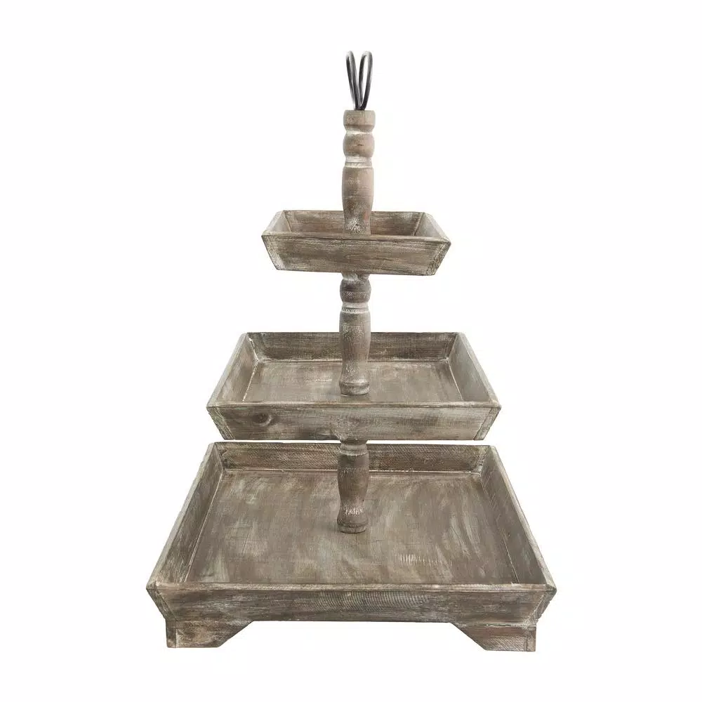 3R Studios Rustic Brown 3-Tier Decorative Tray with Metal and Fir Wood Construction
