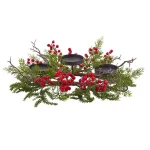 Nearly Natural 6.5 in. Berry and Pine Triple Candle Candelabrum, Red and Green Holiday Tabletop Decor thumbnail 1