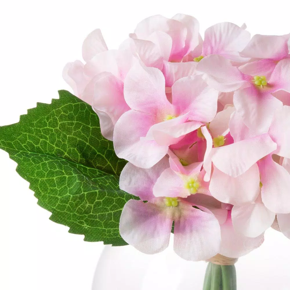 Pure Garden 7.5 in. Pink Hydrangea Artificial Floral Arrangement in Glass Vase