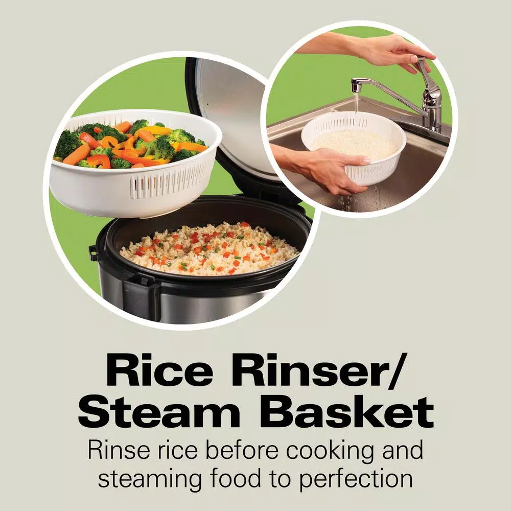 Hamilton Beach 20-Cup Stainless Steel Rice and Hot Cereal Cooker with Rice Rinser and Steam Basket