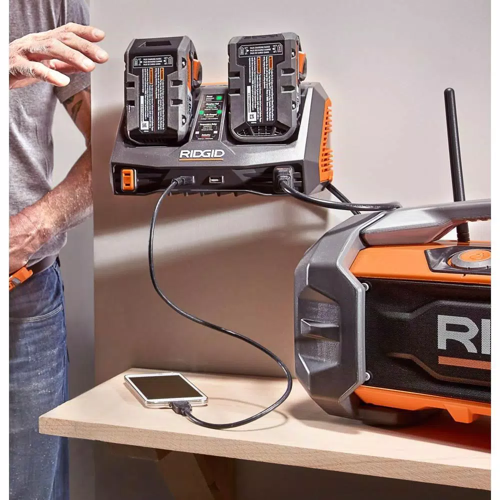 RIDGID 18V Dual Port Dual Chemistry Sequential Battery Charger with Dual USB Ports