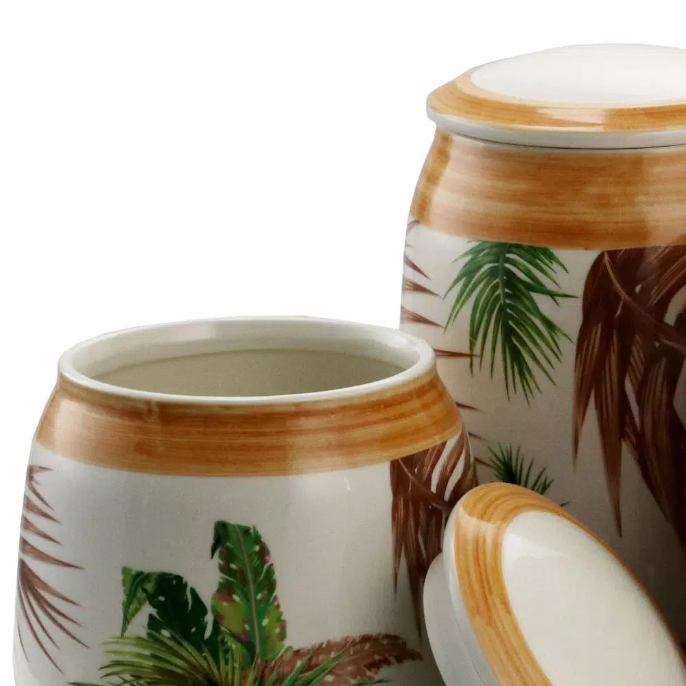 Elama Paradise Palms Sand 3-Piece Ceramic Kitchen Canister Set with Airtight Lids