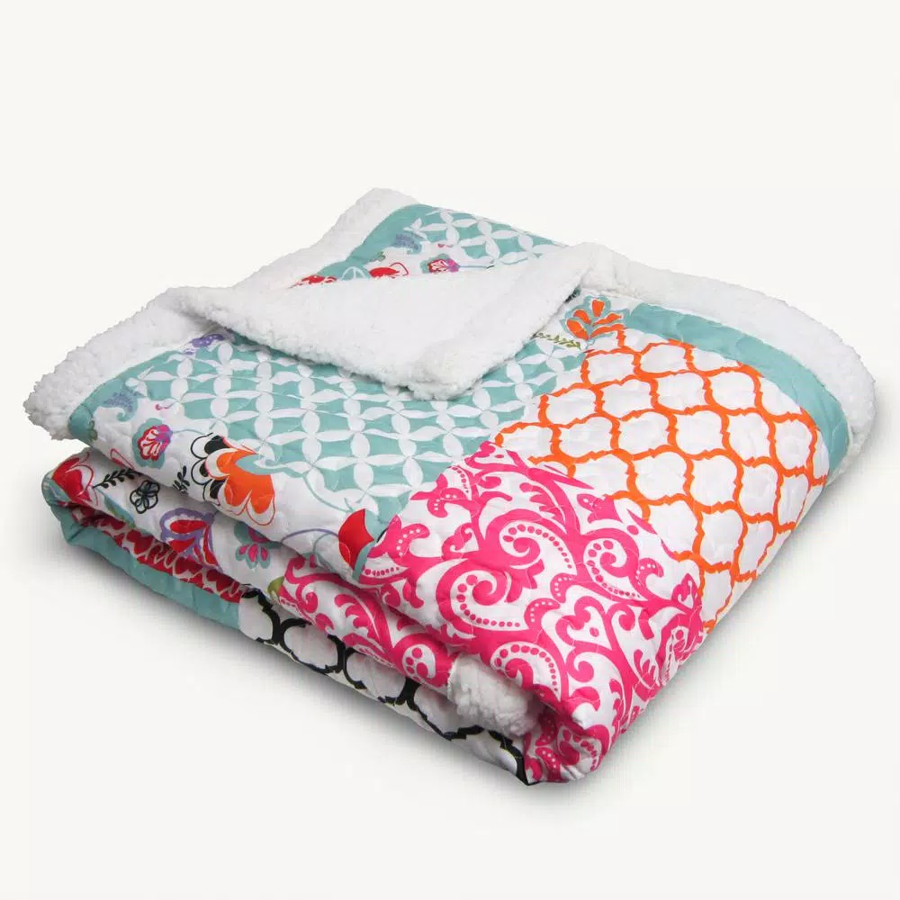 Lush Decor Brookdale Purple and Turquoise Sherpa Throw Blanket, Reversible Patchwork Pattern