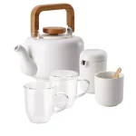 BonJour 5-Piece Ceramic Teapot Set with Teak Wood Accents, Matte White thumbnail 1