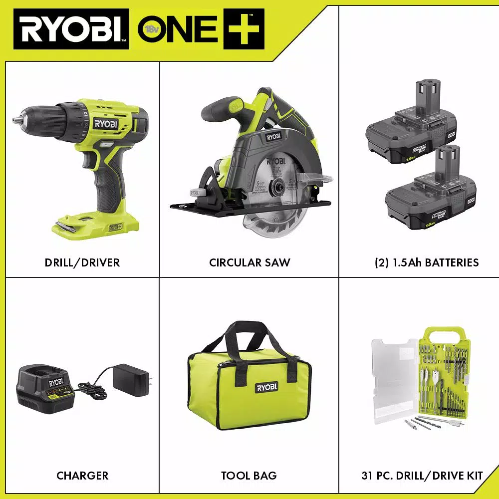 RYOBI 18V ONE+ Cordless 2-Tool Combo Kit with Drill/Driver, Circular Saw, and 31-Piece Black Oxide Bit Set