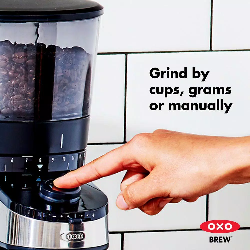 OXO Black Stainless Steel Burr Coffee Grinder with Integrated Scale, 12 oz. Capacity