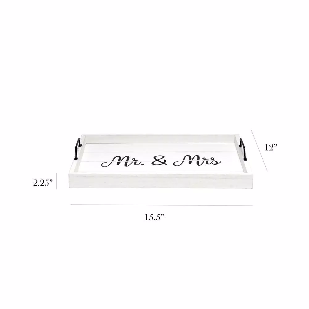 Elegant Designs White Wash Wooden Decorative Serving Tray with Black Metal Handles - Mr. and Mrs. Farmhouse Style