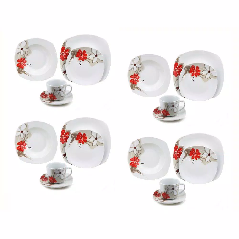 Lorren Home Trends 16-Piece Square Porcelain Dinnerware Set, Red and Tan Floral Design, Service for 4