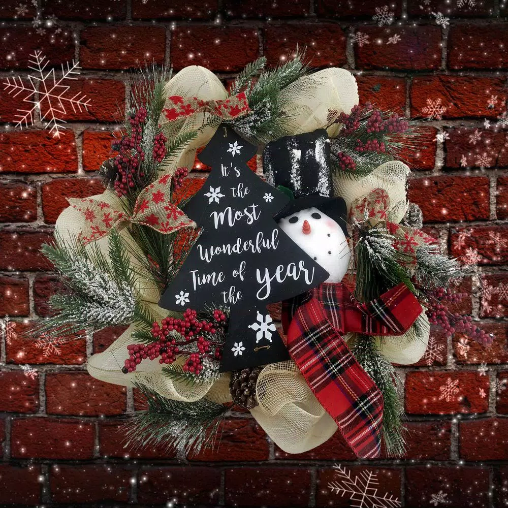 Fraser Hill Farm 20 in. Artificial Christmas Wreath with Snowman, Pinecones, and Berries