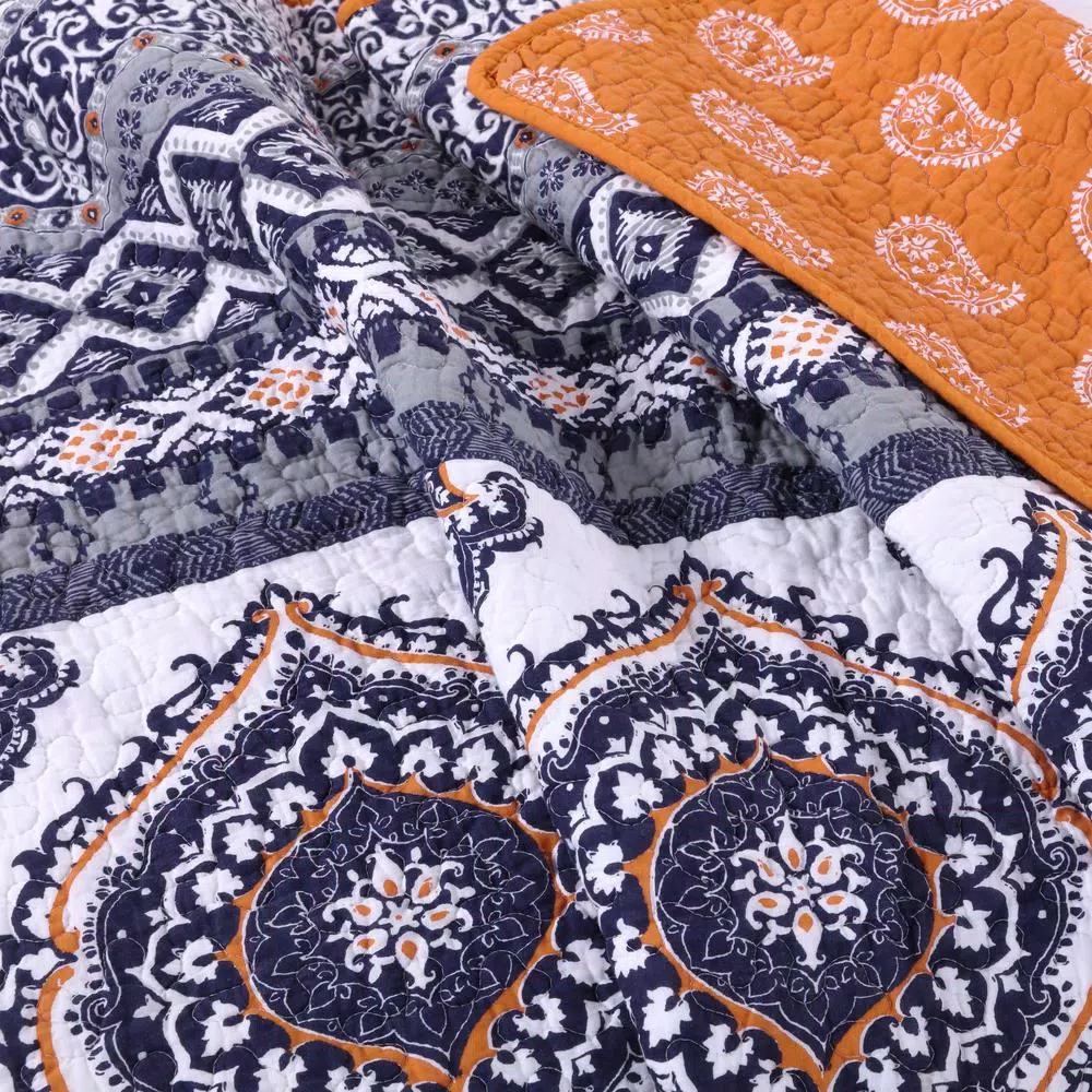 Greenland Home Fashions Medina Saffron Quilted Cotton Throw, Reversible Geometric Medallion Print