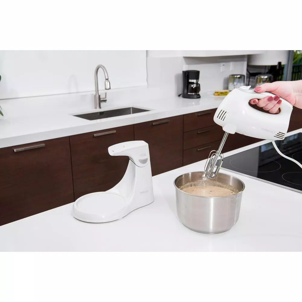PREMIUM 5-Speed Hand Mixer with Stand and 4.5 Qt. Stainless Steel Bowl, White