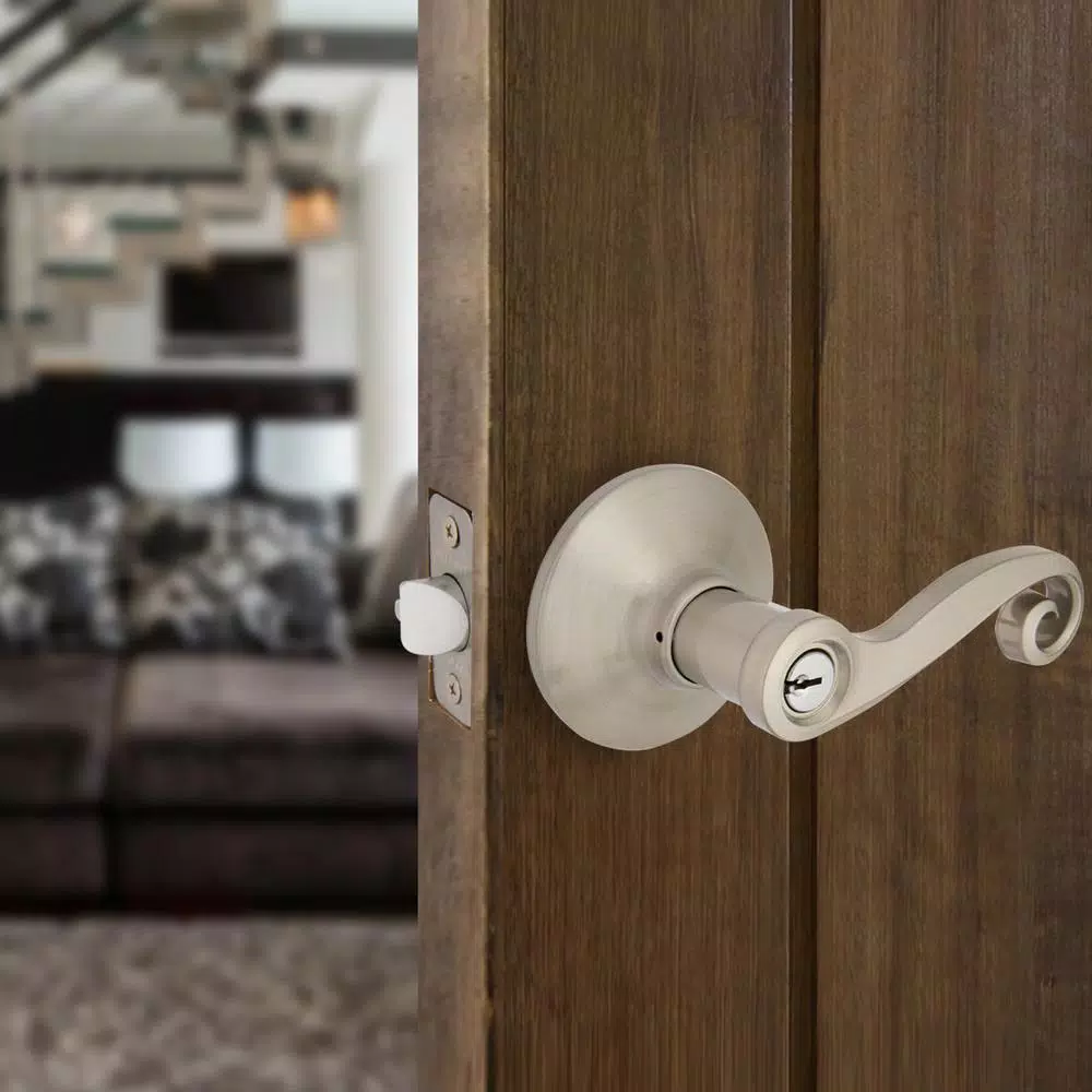 Defiant Scroll Keyed Entry Door Lever, Satin Nickel