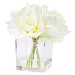 Pure Garden 8.5 in. Cream Lily Floral Arrangement in Square Glass Vase thumbnail 1