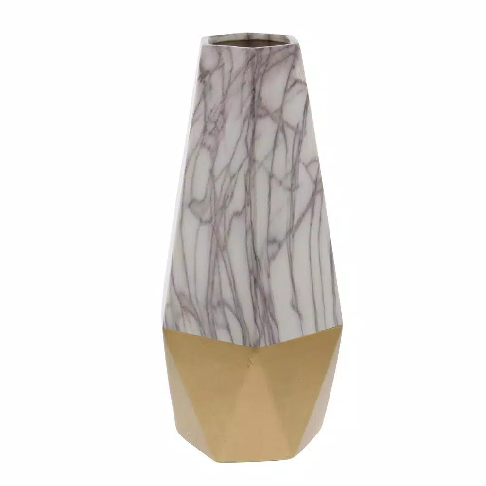 CosmoLiving by Cosmopolitan 14 in. Ceramic Gold and White Marble Glaze Modern Table Vase