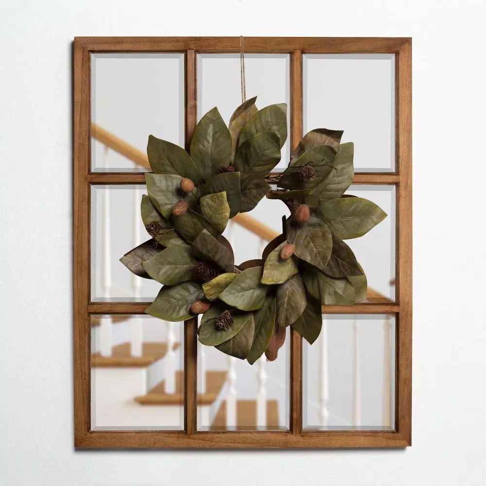 Kate and Laurel Hogan 9-Pane Windowpane Wall Mirror, Rustic Natural Wood Frame, 26 x 32 in.