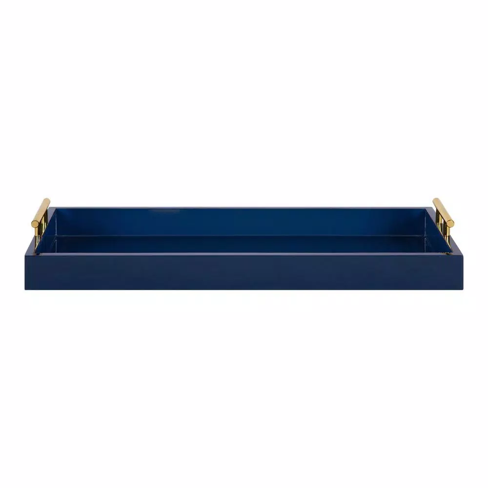 Kate and Laurel Lipton Navy Blue Decorative Rectangular Tray with Polished Metal Handles