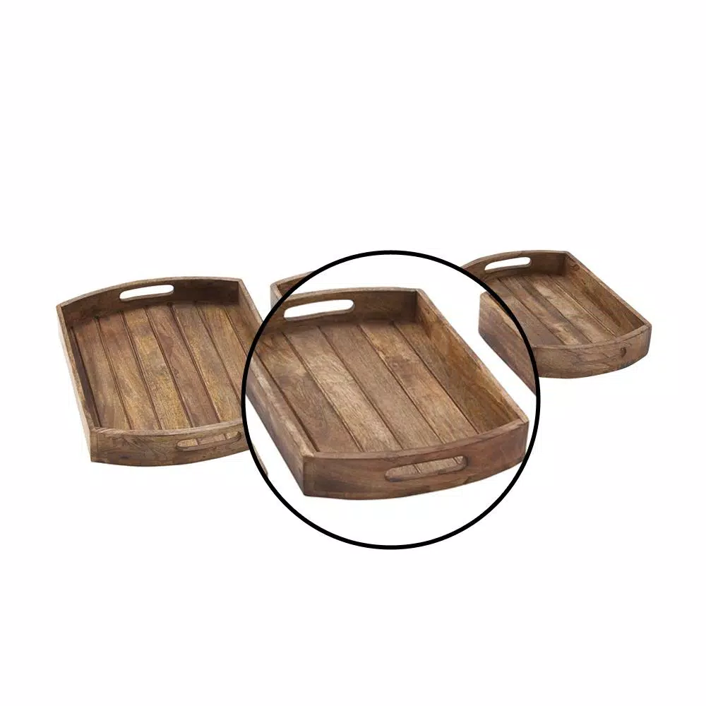 LITTON LANE Mahogany Brown Slat Wood Trays Set of 3 - Rustic Mango Wood Farmhouse Trays