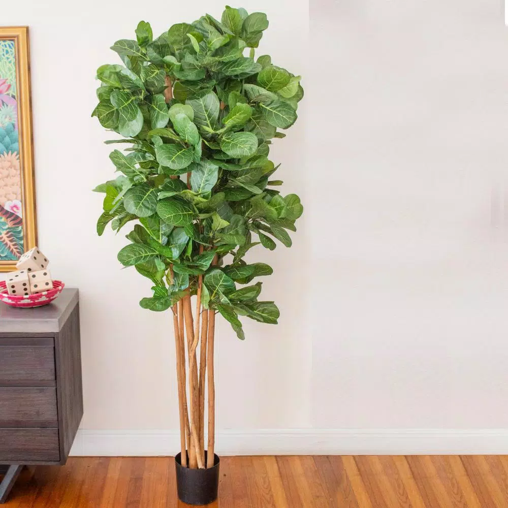 Nearly Natural 7 ft. Fiddle Leaf Fig Artificial Tree with Multiple Trunks and Black Pot