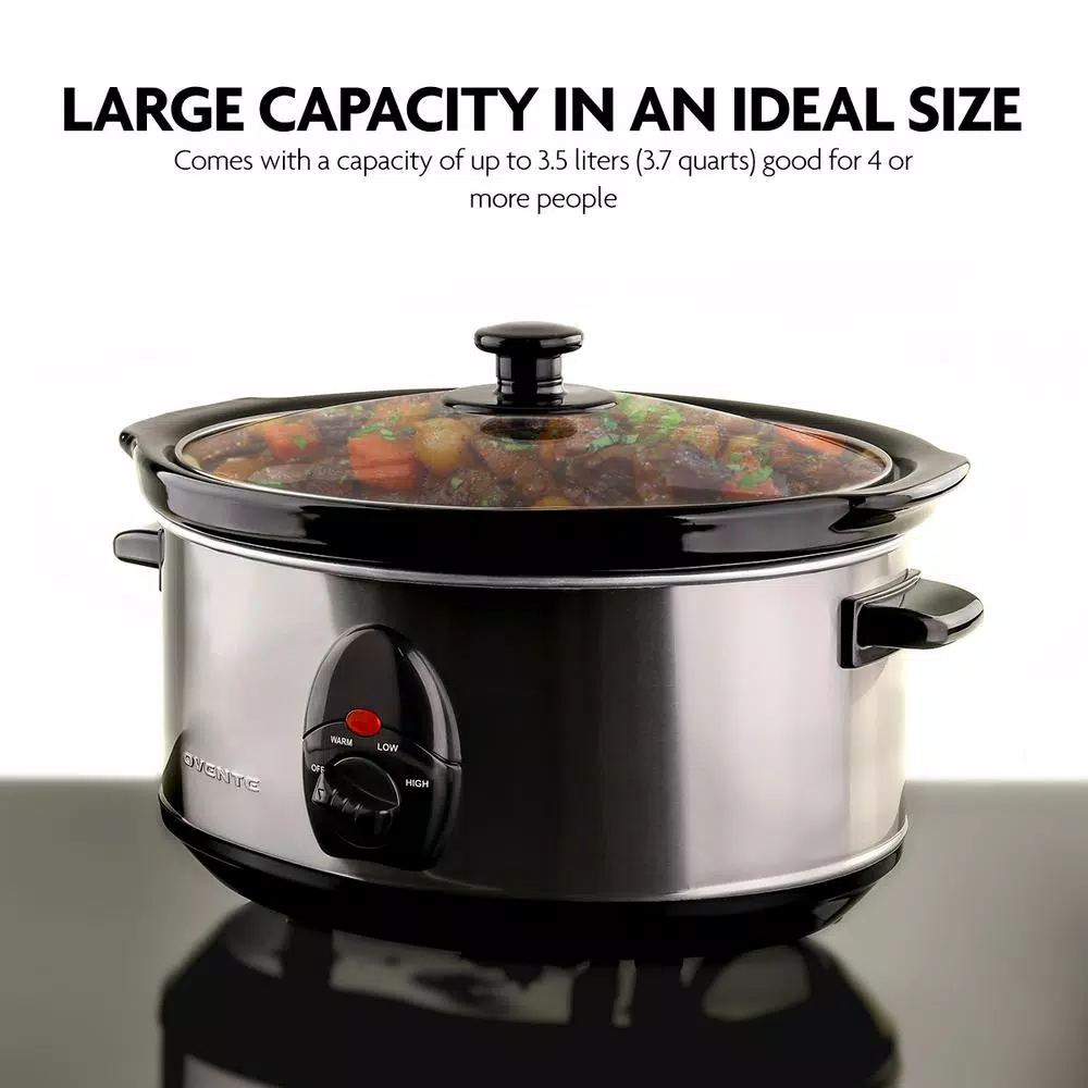 Ovente 3.7 Qt. Stainless Steel Electric Slow Cooker with Glass Lid, 3 Temperature Settings (SLO35ABR)