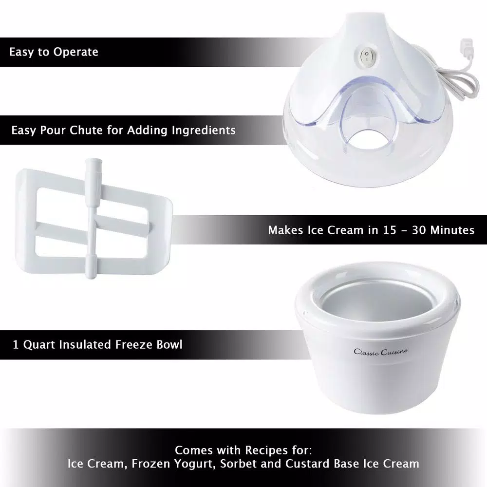 Classic Cuisine 1 Qt. Ice Cream Maker and Frozen Yogurt Machine, White