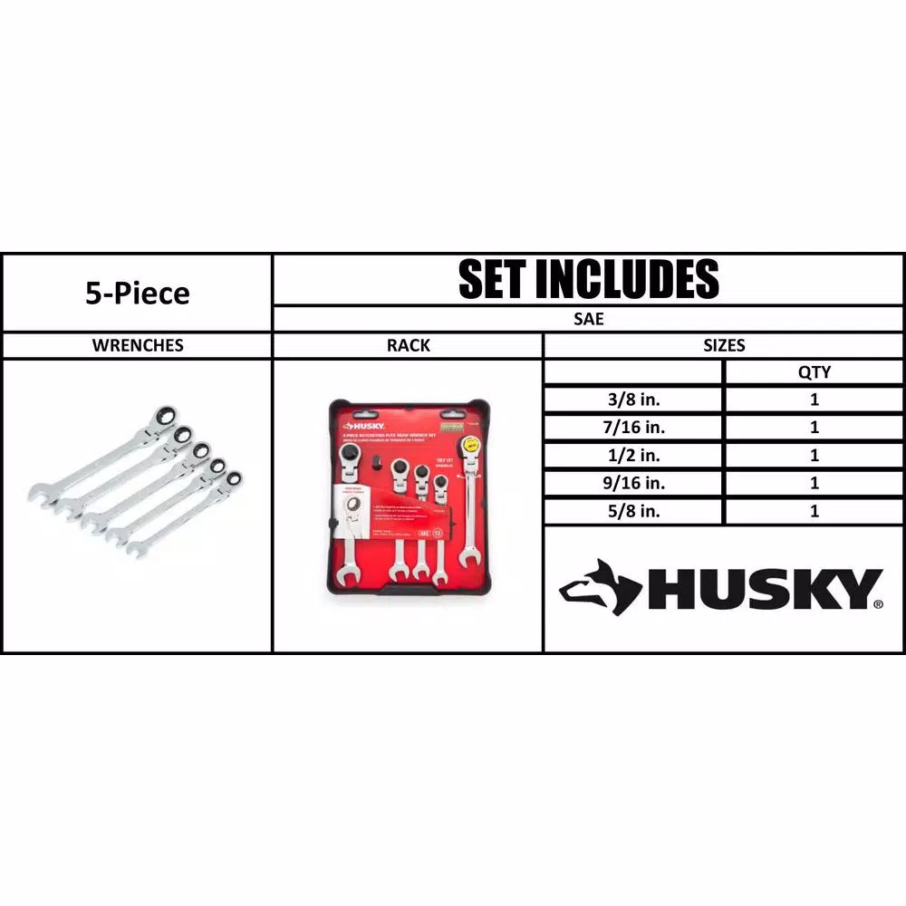 Husky SAE Flex Ratcheting Combination Wrench Set, 5-Piece