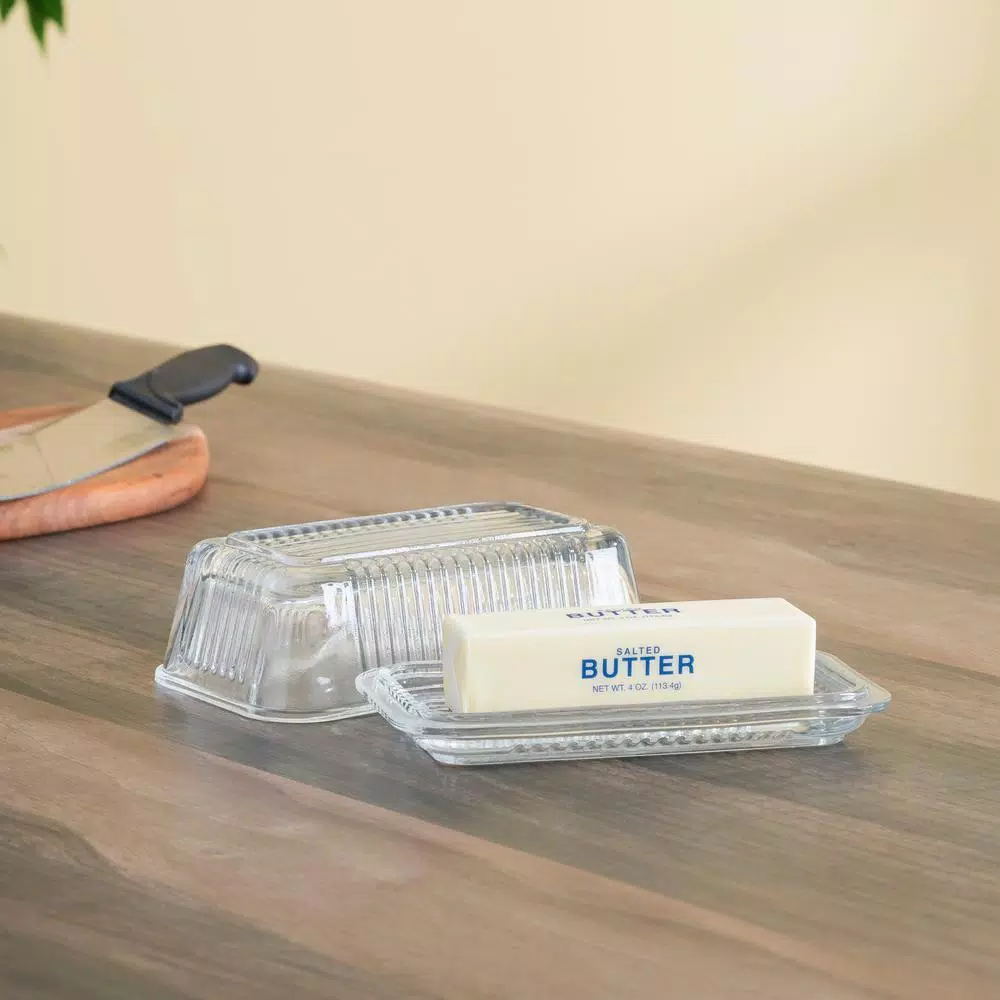 Home Basics Clear Glass Butter Dish with Ribbed Exterior, 3.9 x 6.6 in.