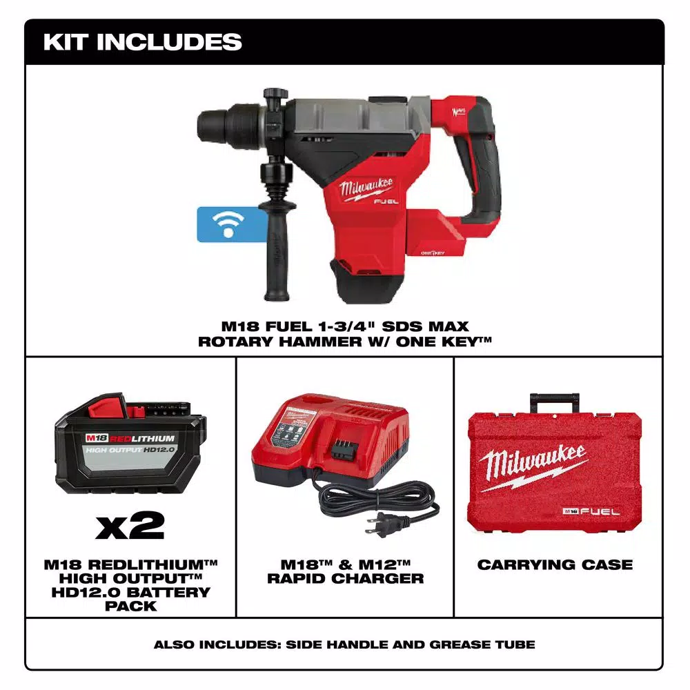 Milwaukee M18 FUEL SDS-MAX Rotary Hammer Kit with TWO 12.0 Ah Batteries & ONE-KEY