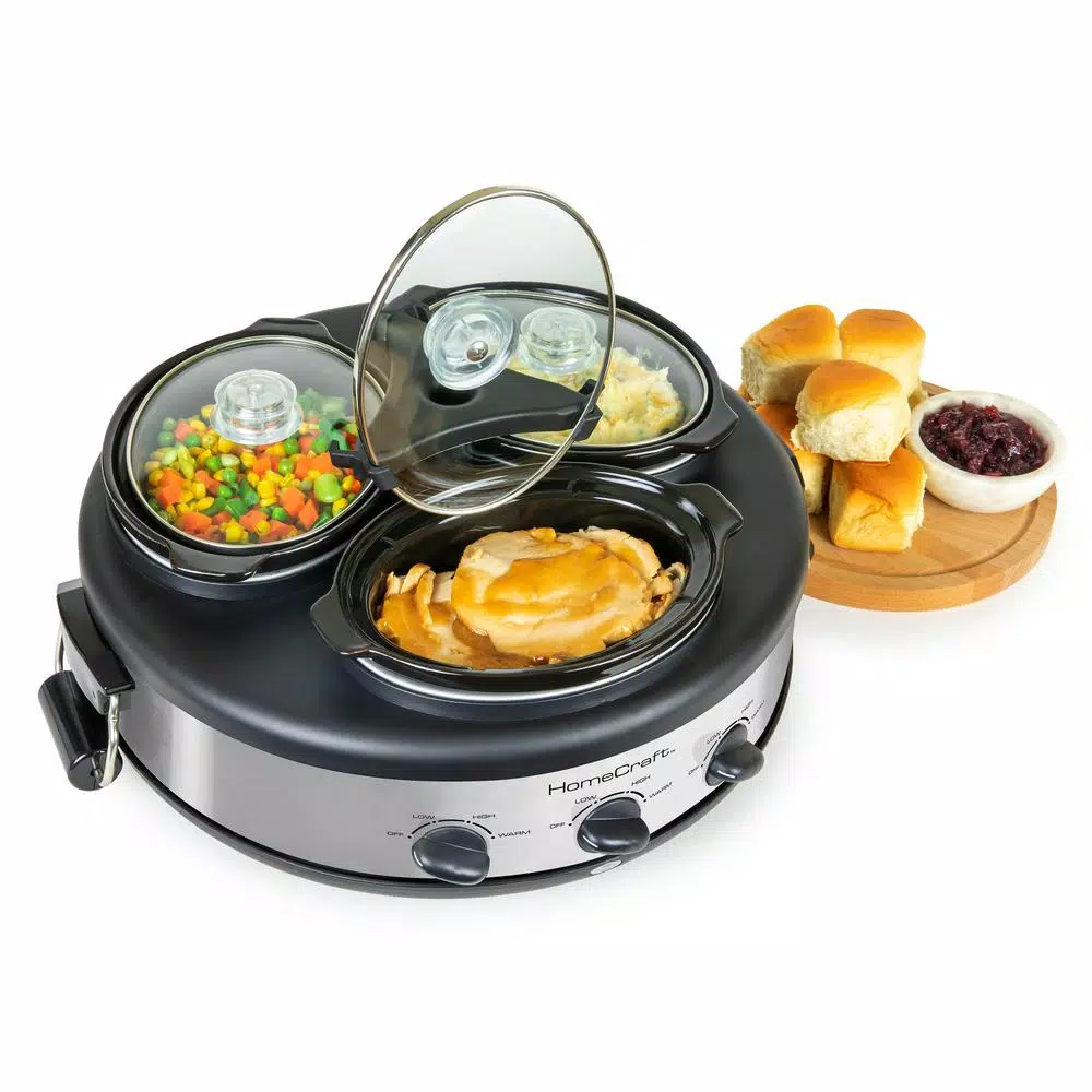 HomeCraft Triple 1.5 qt. Stainless Steel Slow Cooker Buffet Server with 3 Ceramic Pots