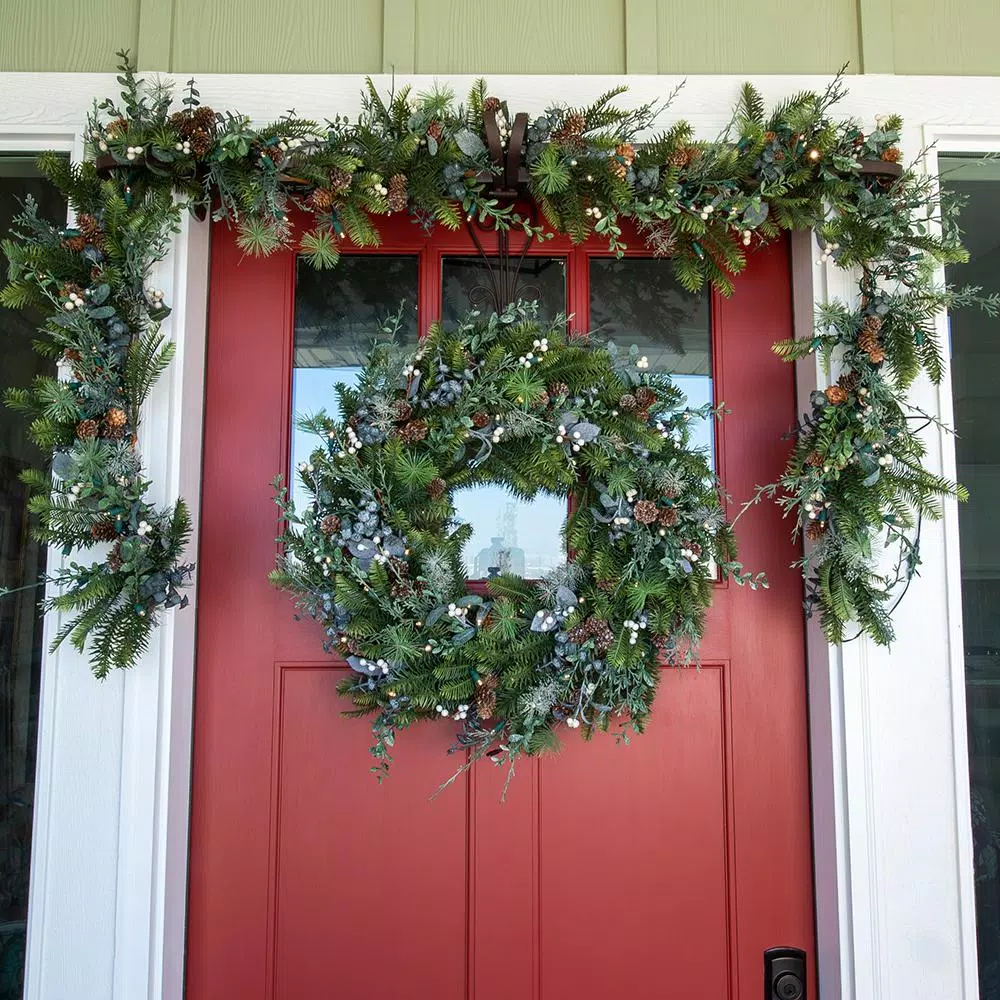 Village Lighting Company 9 ft. Pre-Lit LED Rustic White Berry Garland with Pinecones and Greenery