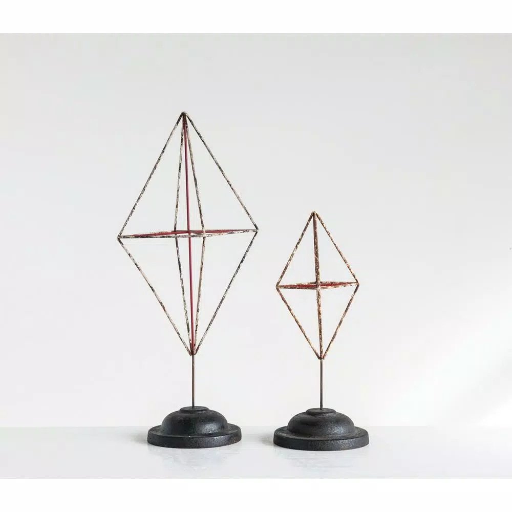 3R Studios Diamond Shaped Metal Figurine Set of 2, Distressed Red Geometric Sculptures
