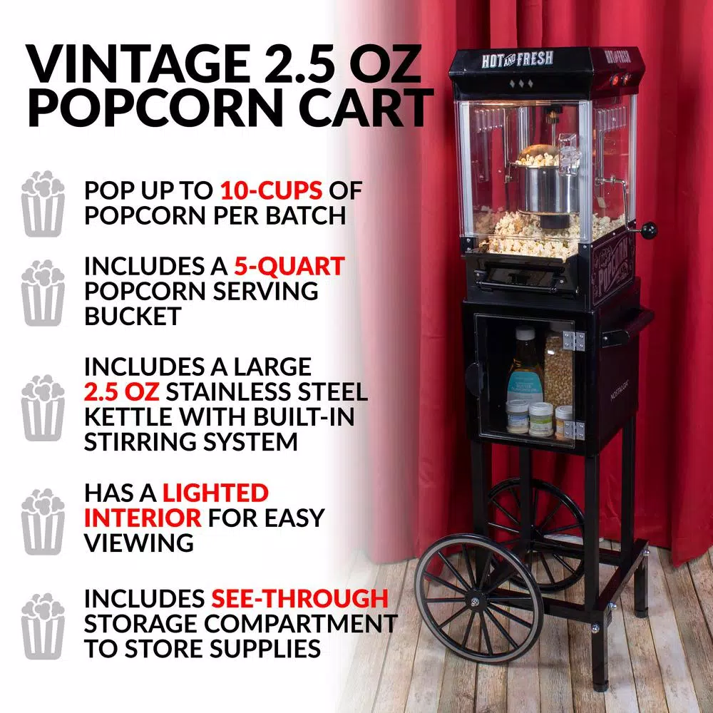 Nostalgia 300W Black Nostalgia Popcorn Cart with 2.5 oz. Kettle and 5 Qt. Serving Bowl