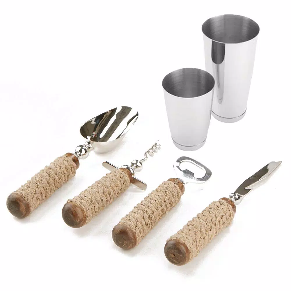 Mind Reader Products 4-Piece Bar Tool Set with Rope-Wrapped Handles, Stainless Steel
