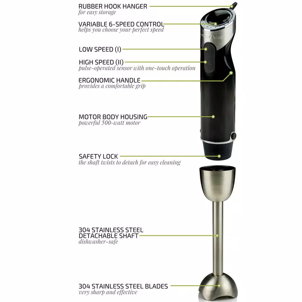 Ovente HS690 500W 6-Speed Immersion Blender, Black Stainless Steel Handheld Mixer