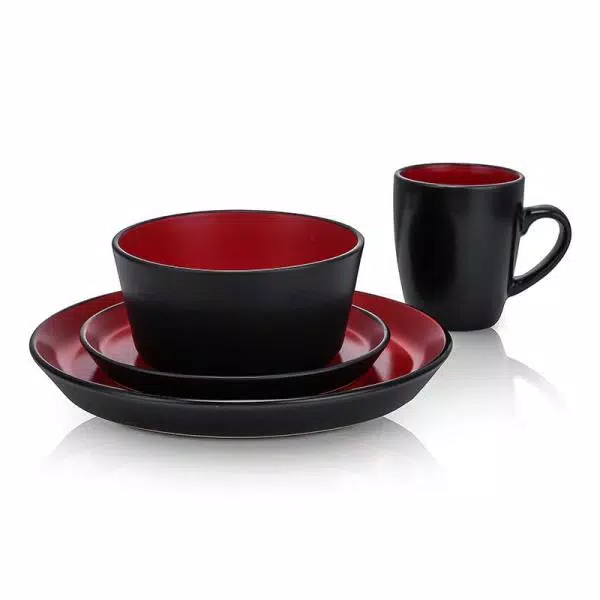 STONE LAIN 32-Piece Red and Black Stoneware Dinnerware Set, Service for 8