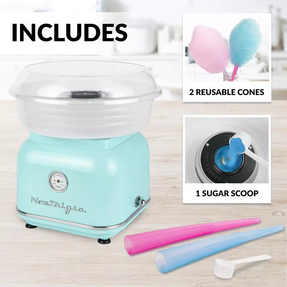Nostalgia Retro Aqua Electric Cotton Candy Maker with 2 Reusable Cones