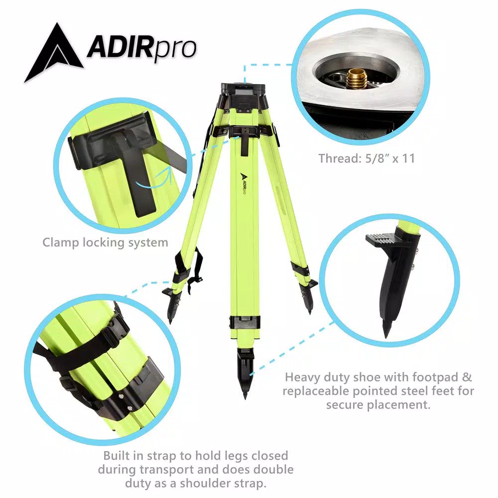 AdirPro High Visibility Green Heavy-Duty Aluminum Survey Tripod with Quick Clamp