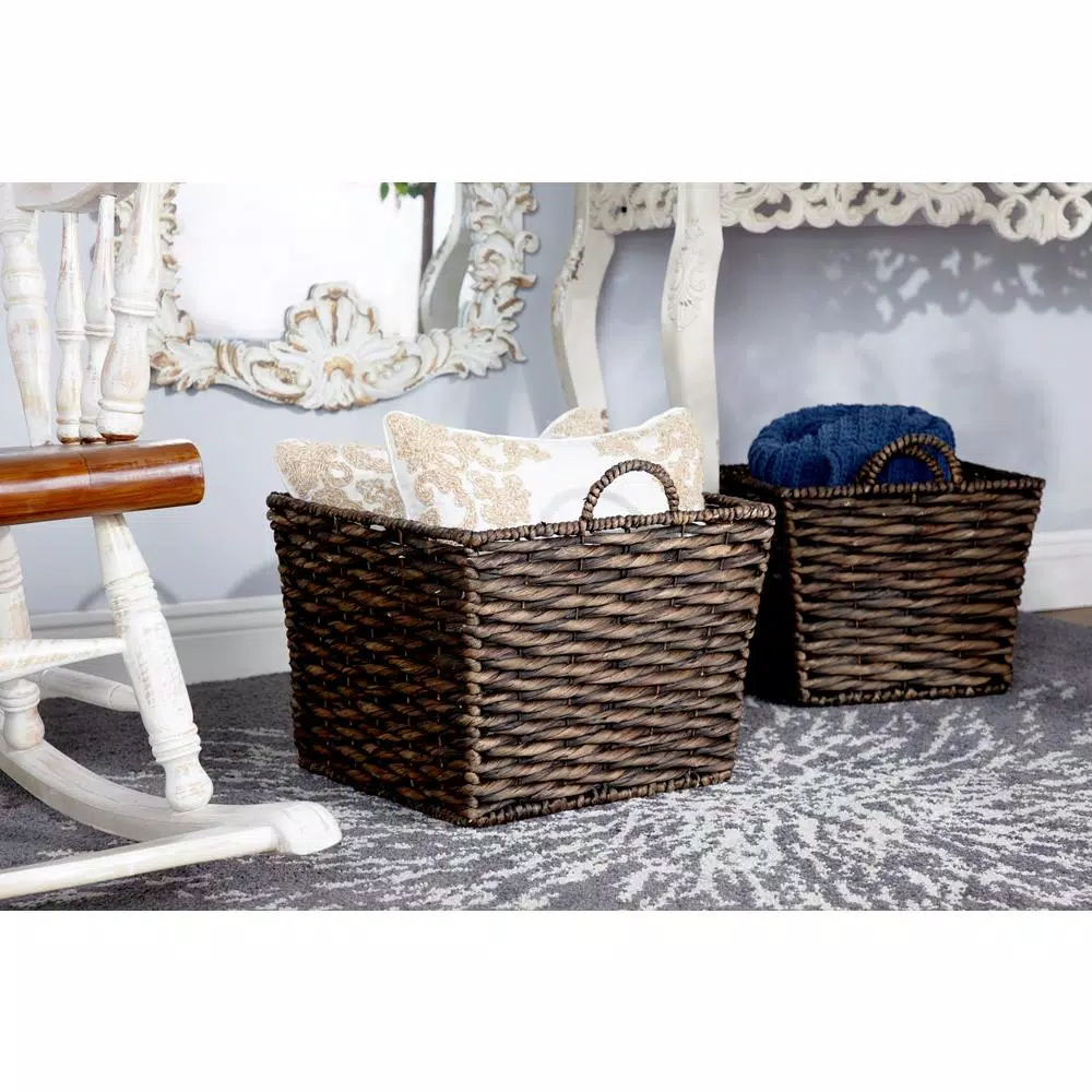 LITTON LANE Large Square Water Hyacinth Wicker Storage Baskets, Dark Brown (Set of 3)