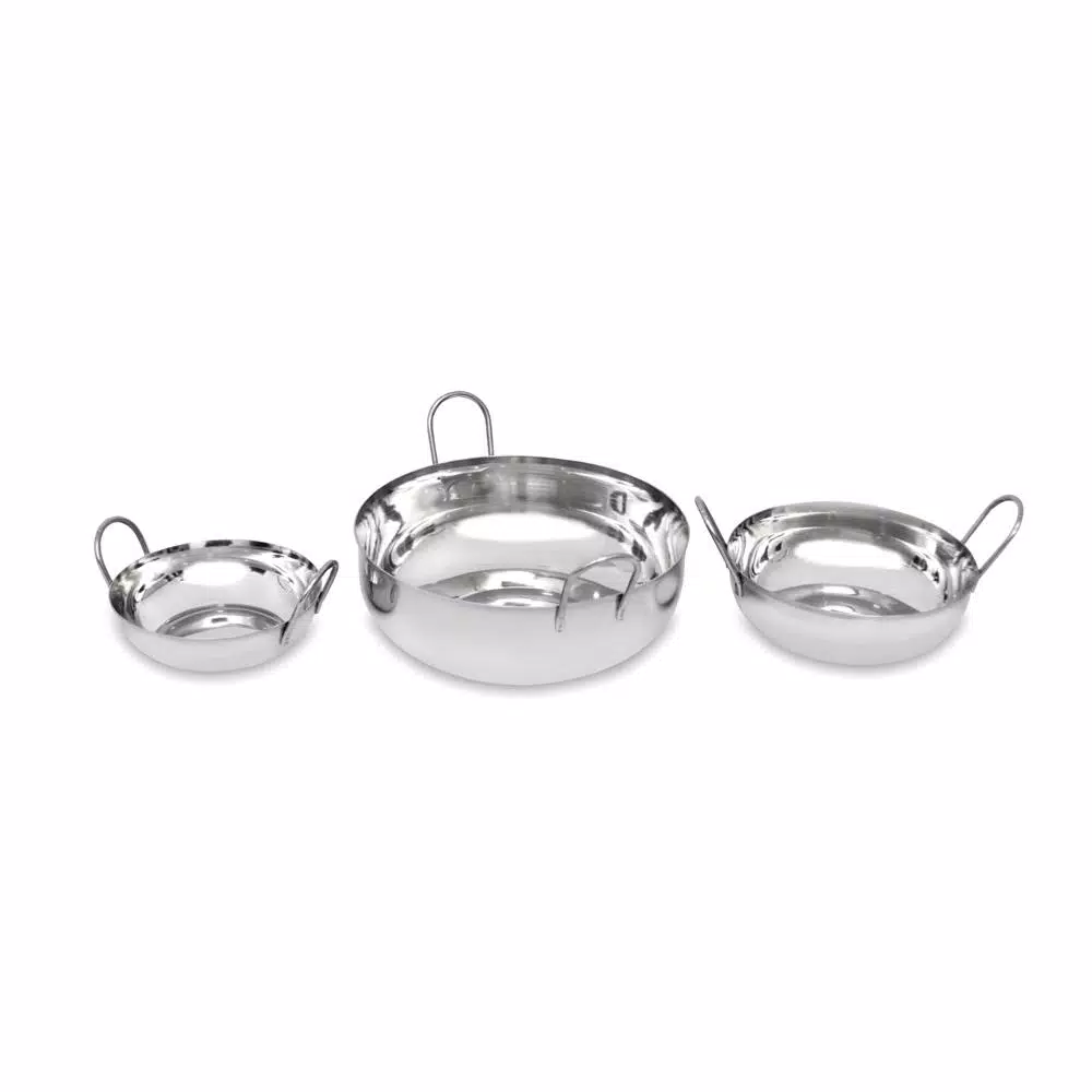 Unbranded 3-Piece Stainless Steel Balti Pan Set, 3 Sizes (3.25 Qt., 1.25 Qt., 0.50 Qt.)