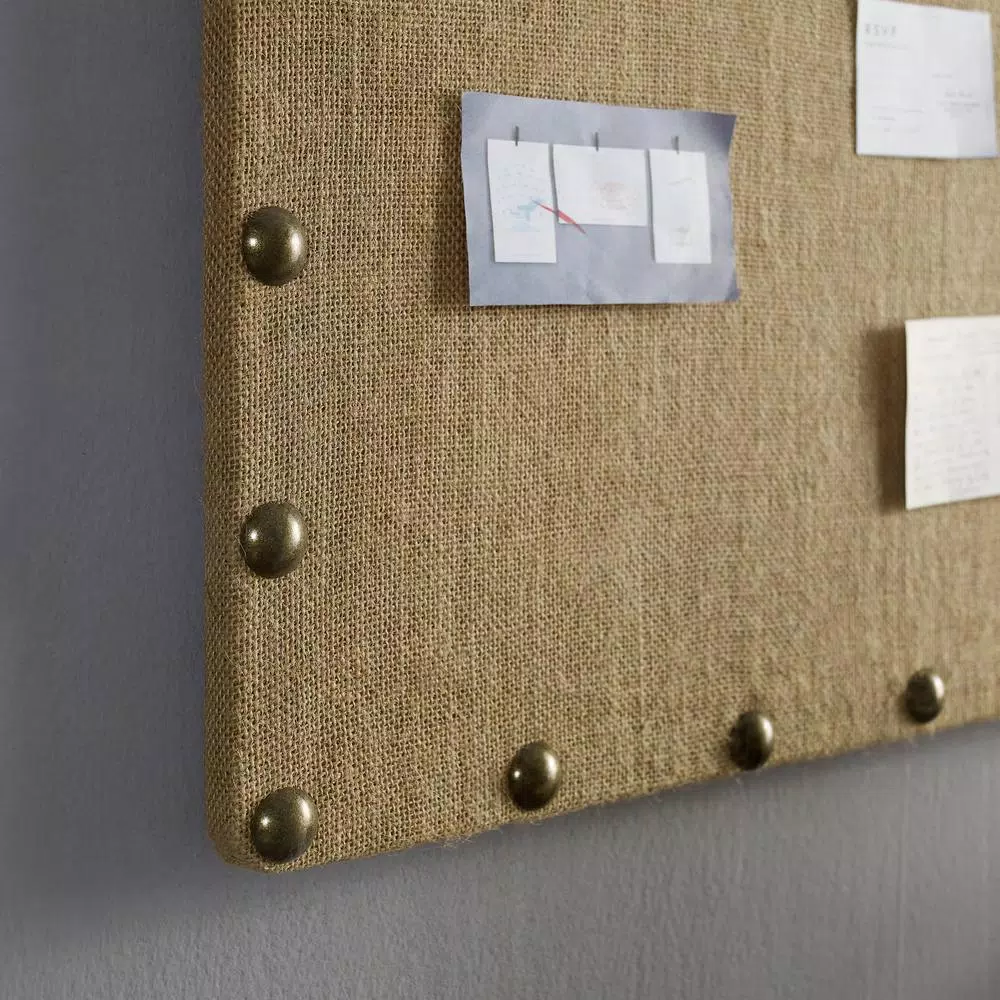 Unbranded Burlap Covered Cork Memo Board with Antique Bronze Nailhead Trim, 24 x 36 in.