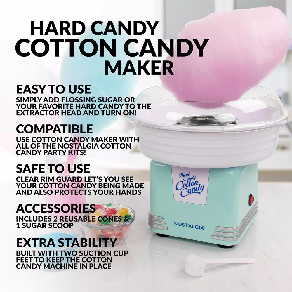 Nostalgia Retro Aqua Cotton Candy Maker - Works with Hard Candy & Sugar Free Candy