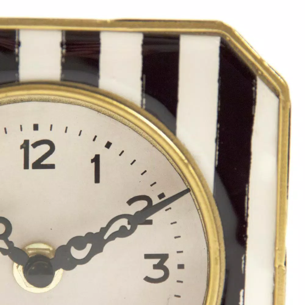 Zentique Black and White Striped Analog Desk Clock with Gold Trimmed Metal Frame