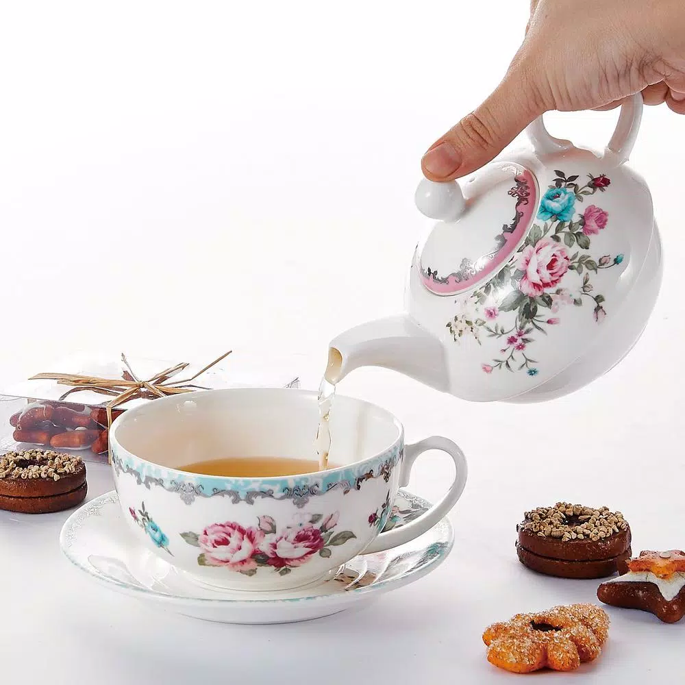 MALACASA Elegant Porcelain Tea for One Set - 3 Piece Teapot, Teacup and Saucer Set, White with Pattern