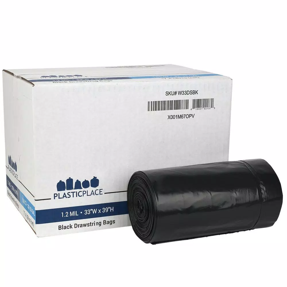 Plasticplace 33 Gallon Black Drawstring Trash Bags, 1.2 Mil Heavy Duty Low Density Polyethylene, 33 x 39 in, 100 Count