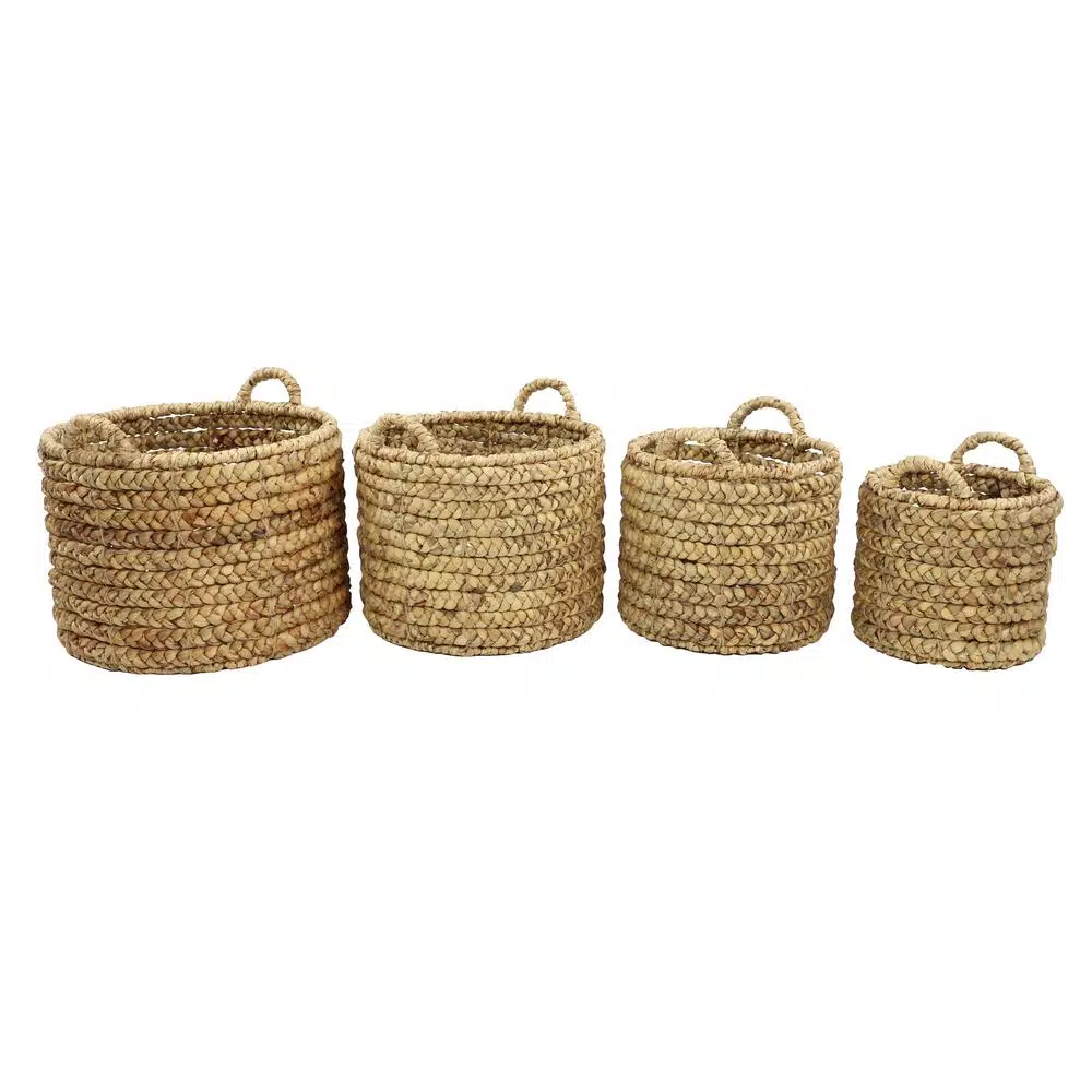 LITTON LANE Round Water Hyacinth and Metal Storage Wicker Baskets, Set of 4