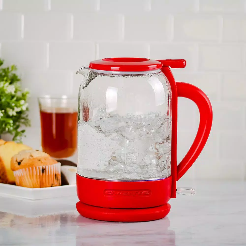 Ovente 1.5L Red Glass Electric Kettle with ProntoFill Technology, 1500W