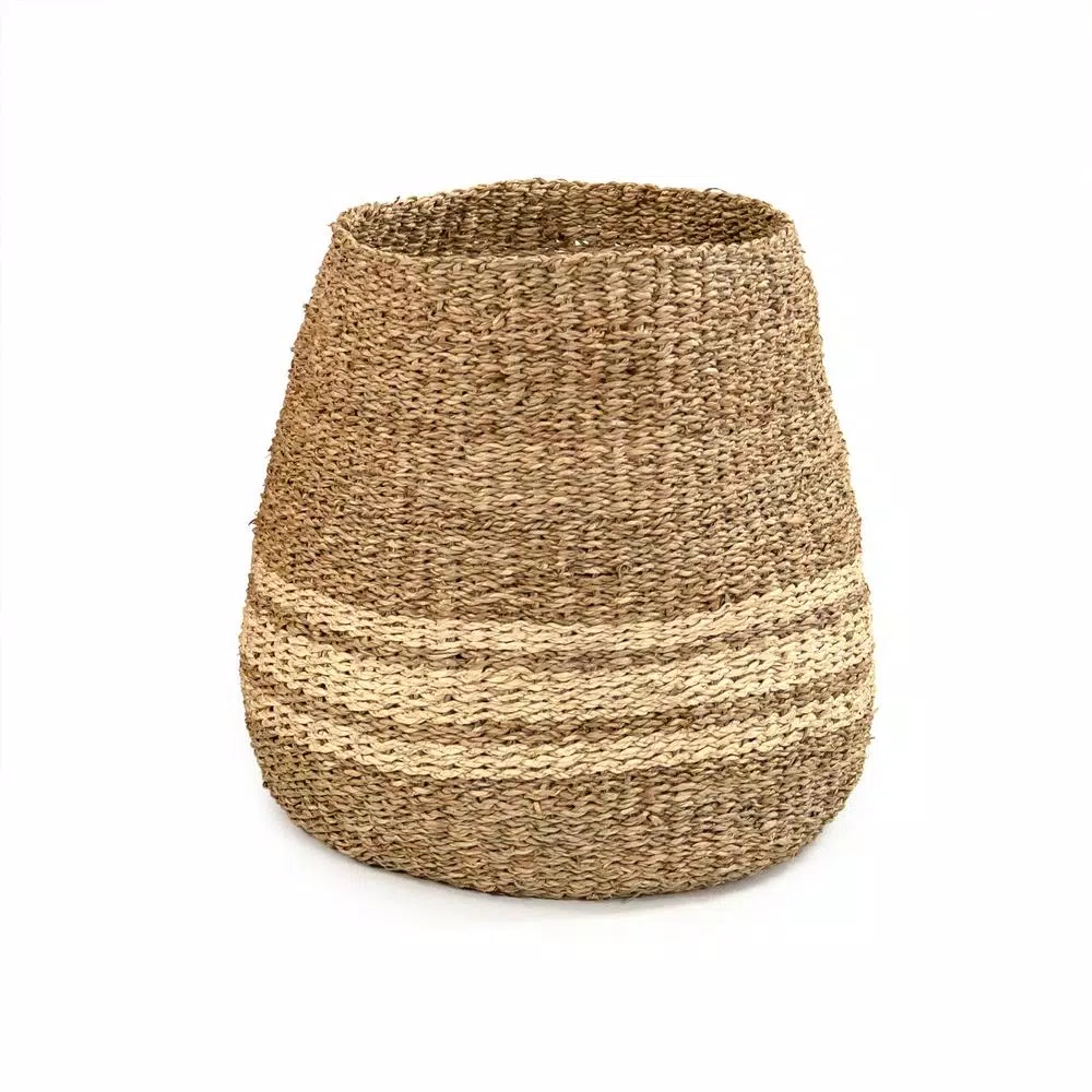 Zentique Hand Woven Seagrass and Palm Leaf Decorative Basket with Beige Stripes, Medium