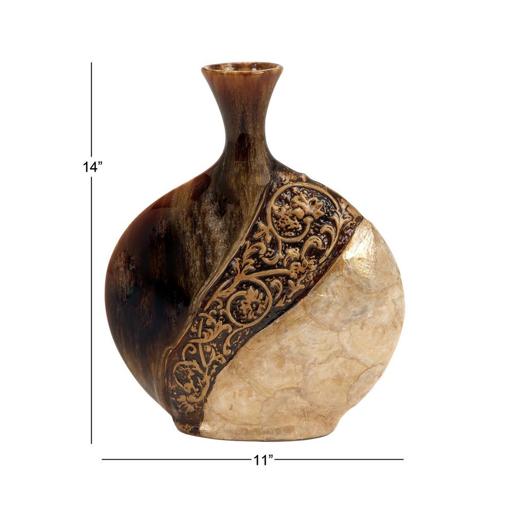 LITTON LANE 14 in. Mediterranean Ceramic and Capiz Shell Urn Vase - Brown and Gold