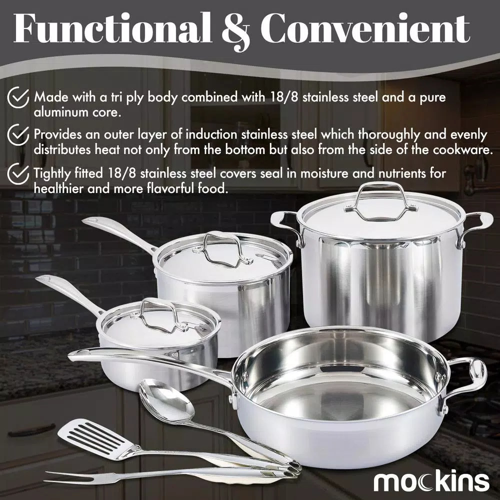 Mockins 10-Piece Tri-Ply Stainless Steel Cookware Set with Lids and Utensils